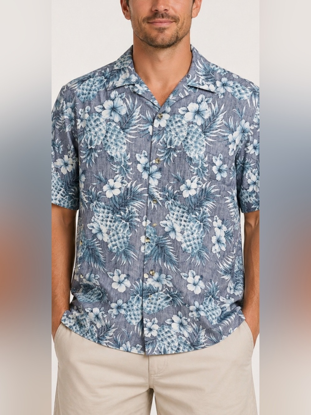 Go Barefoot Hawaiian Shirt L 100% Cotton Pineapple Floral Short Sleeve USA